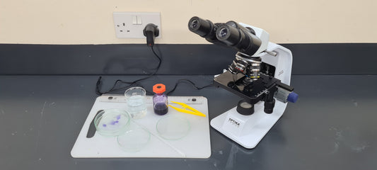Optika compound microscope and petri dishes set up for a GCSE Biology practical skills session at Exam Centre Birmingham